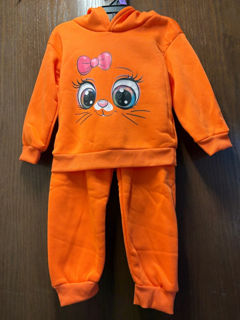 Kids Orange Hooded Matching Set with Cute Face Graphic